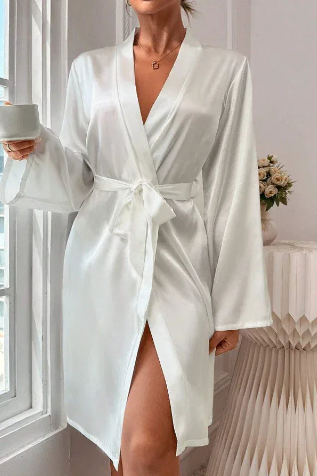 White Satin Bride Robe with Gold Embroidery & Crown, Wedding Day Kimono - Bridal Party Gift - TEVQA