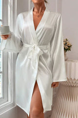 White Satin Bride Robe with Gold Embroidery & Crown, Wedding Day Kimono - Bridal Party Gift - TEVQA