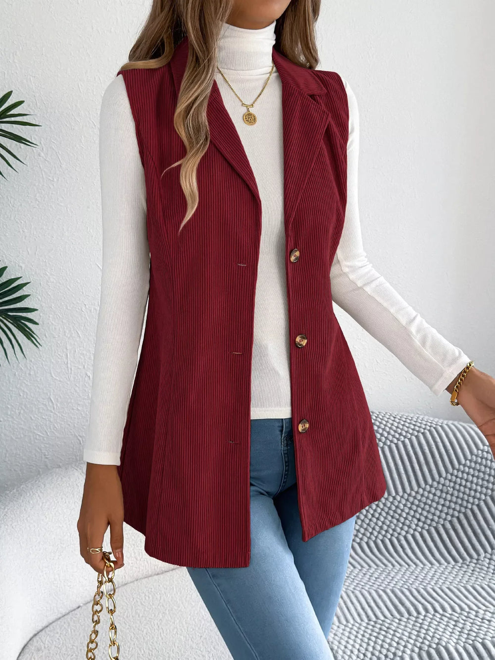 Beige Corduroy Button Down Vest - TEVQA
