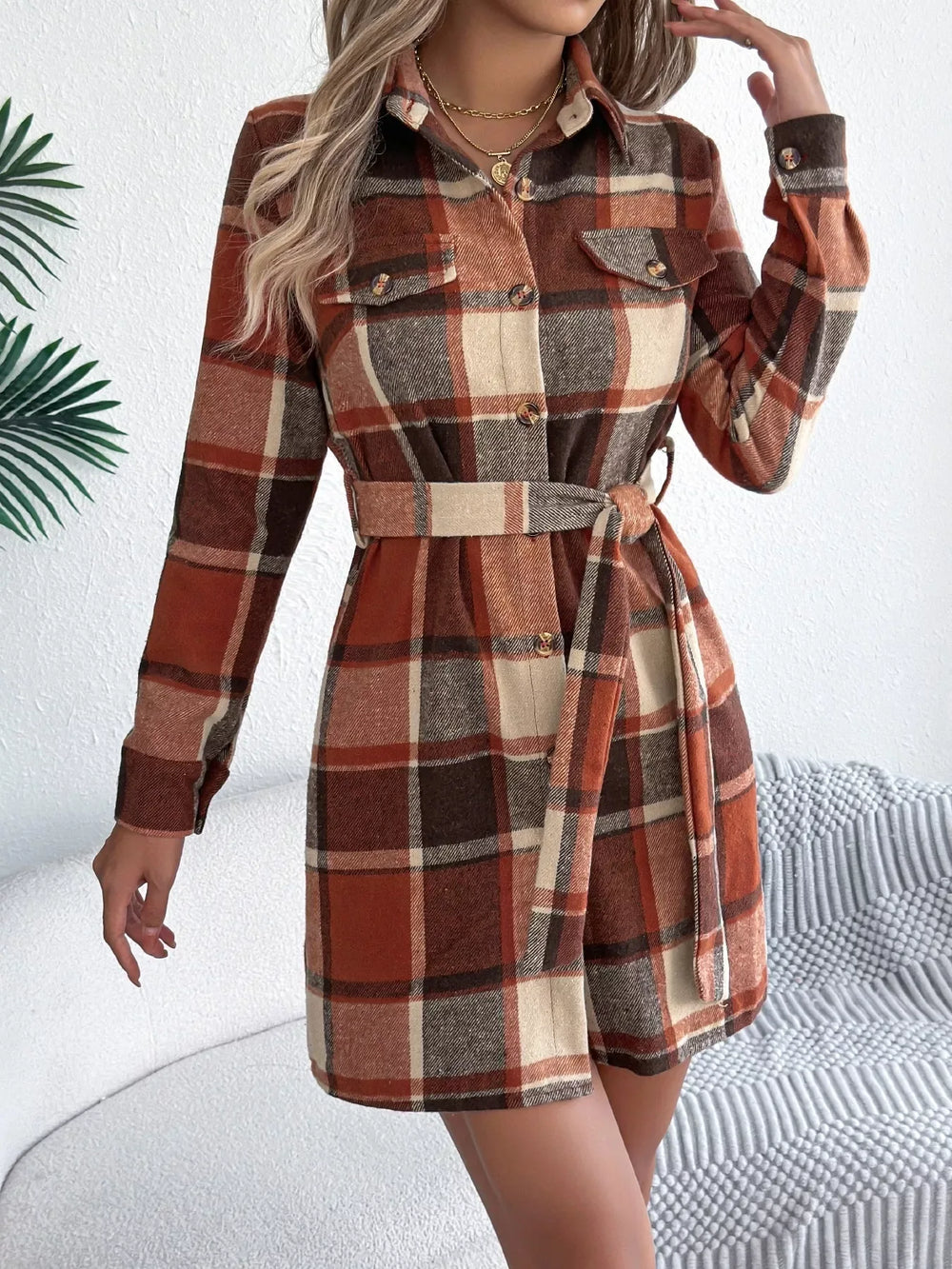 Green Plaid Belted Shirt Dress - View 15 | TEVQA