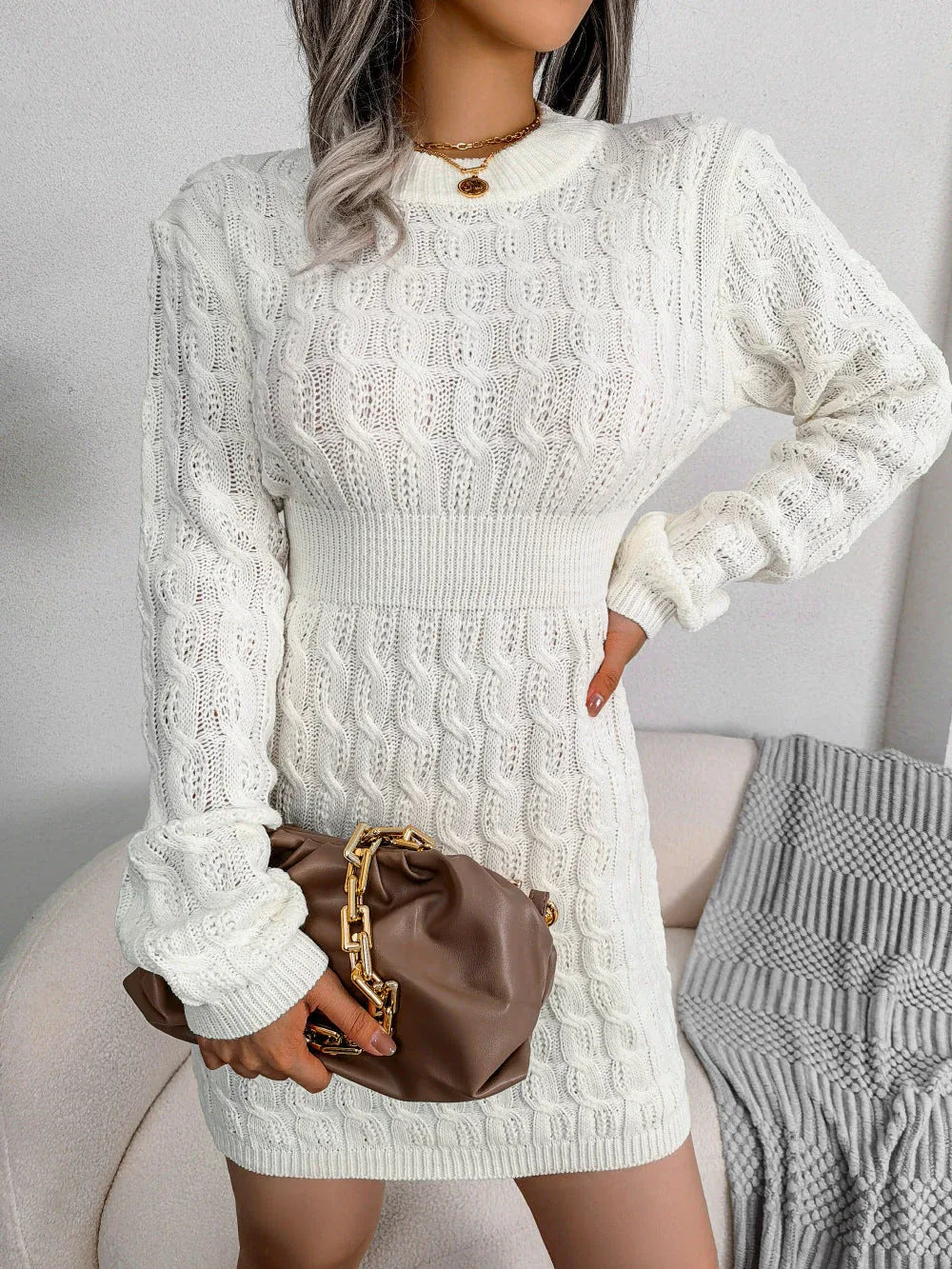 Cable Knit Mock Neck Mini Sweater Dress - View 7 | TEVQA