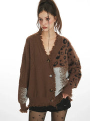 Y2K Grunge Leopard Patchwork Cardigan - TEVQA