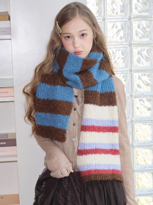 Blue Brown Striped Soft Chunky Knit Scarf