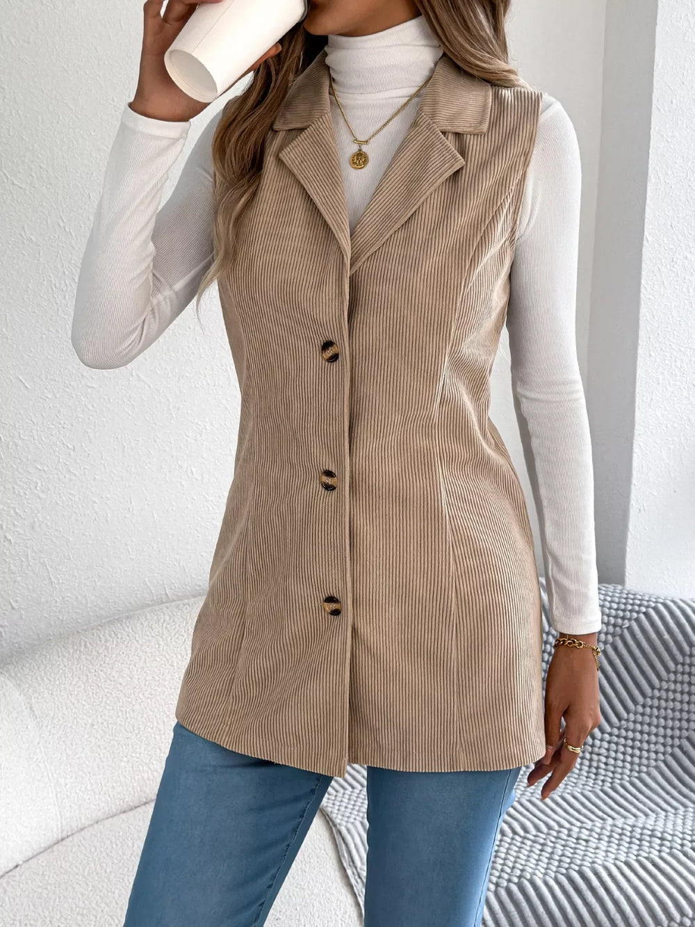 Beige Corduroy Button Down Vest - TEVQA