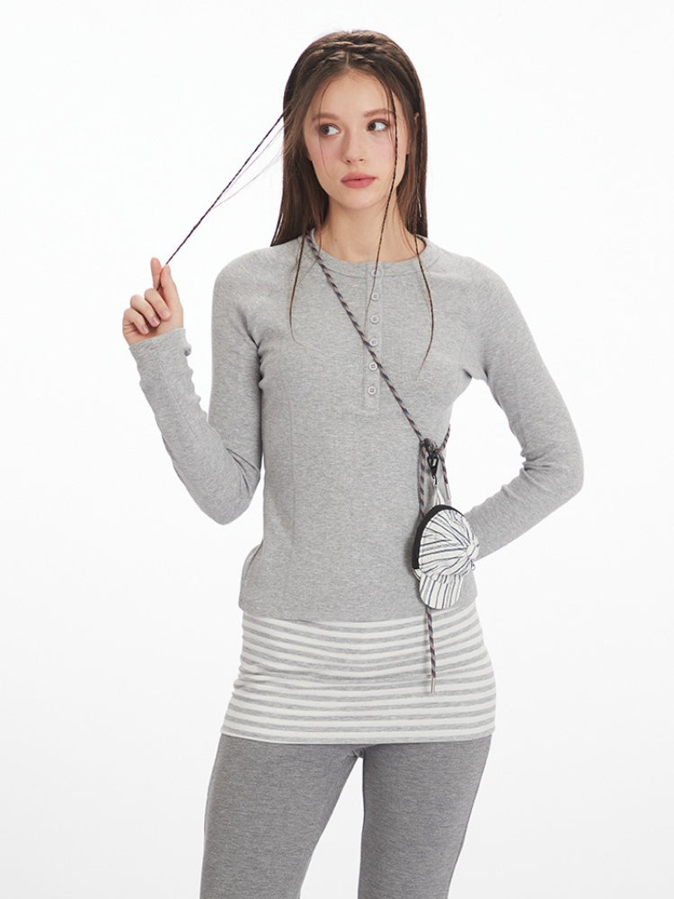 Vintage Grey Ribbed Henley Top - TEVQA