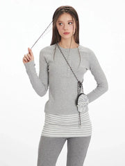 Vintage Grey Ribbed Henley Top - TEVQA