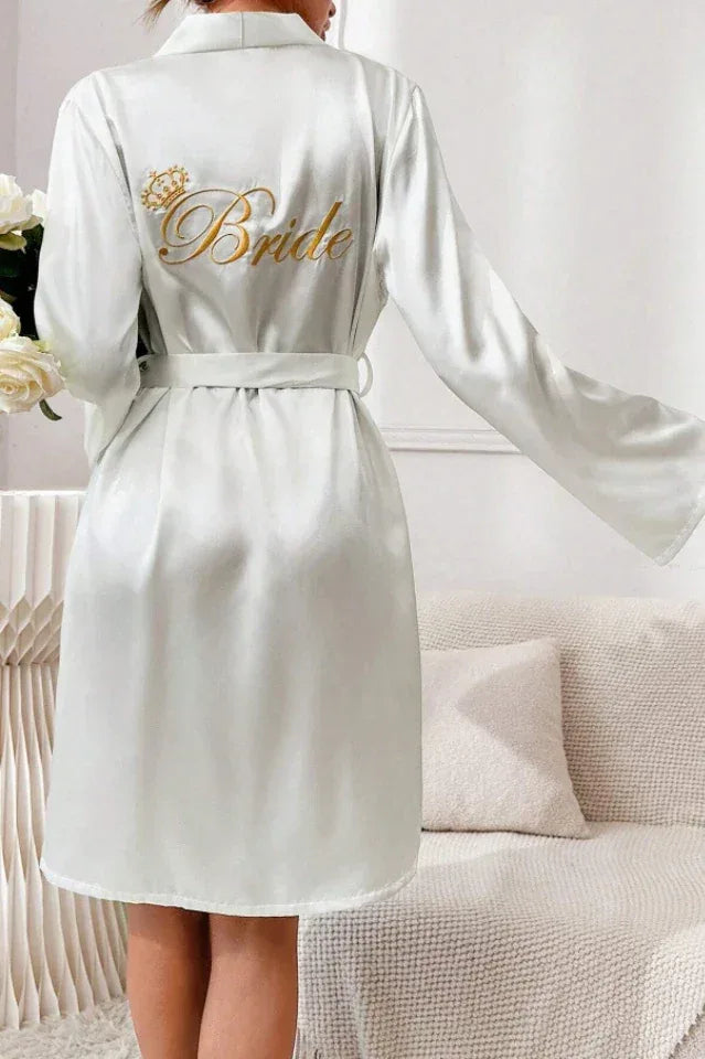 White Satin Bride Robe with Gold Embroidery & Crown, Wedding Day Kimono - Bridal Party Gift - TEVQA