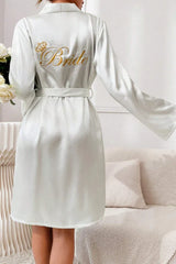 White Satin Bride Robe with Gold Embroidery & Crown, Wedding Day Kimono - Bridal Party Gift