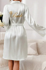White Satin Bride Robe with Gold Embroidery & Crown, Wedding Day Kimono - Bridal Party Gift - TEVQA