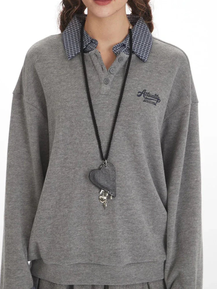 Vintage Grey Faux Layered Plaid Collar Sweatshirt - TEVQA