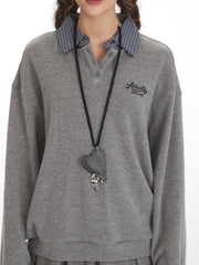 Vintage Grey Faux Layered Plaid Collar Sweatshirt