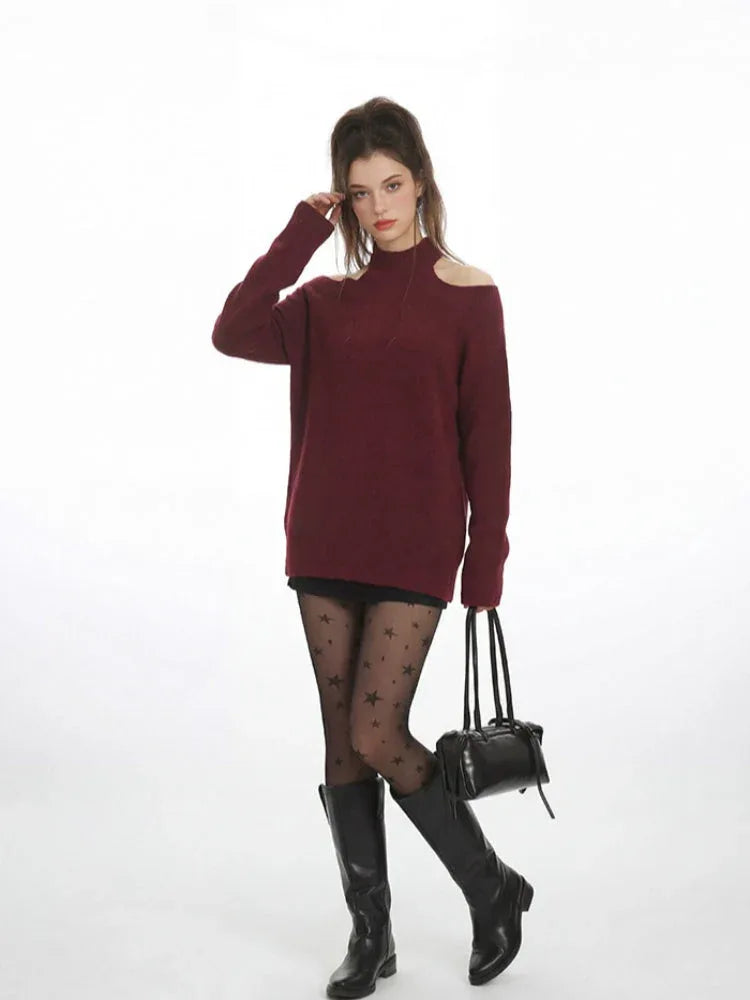 Elegant Burgundy Halter Neck Cold Shoulder Sweater - TEVQA