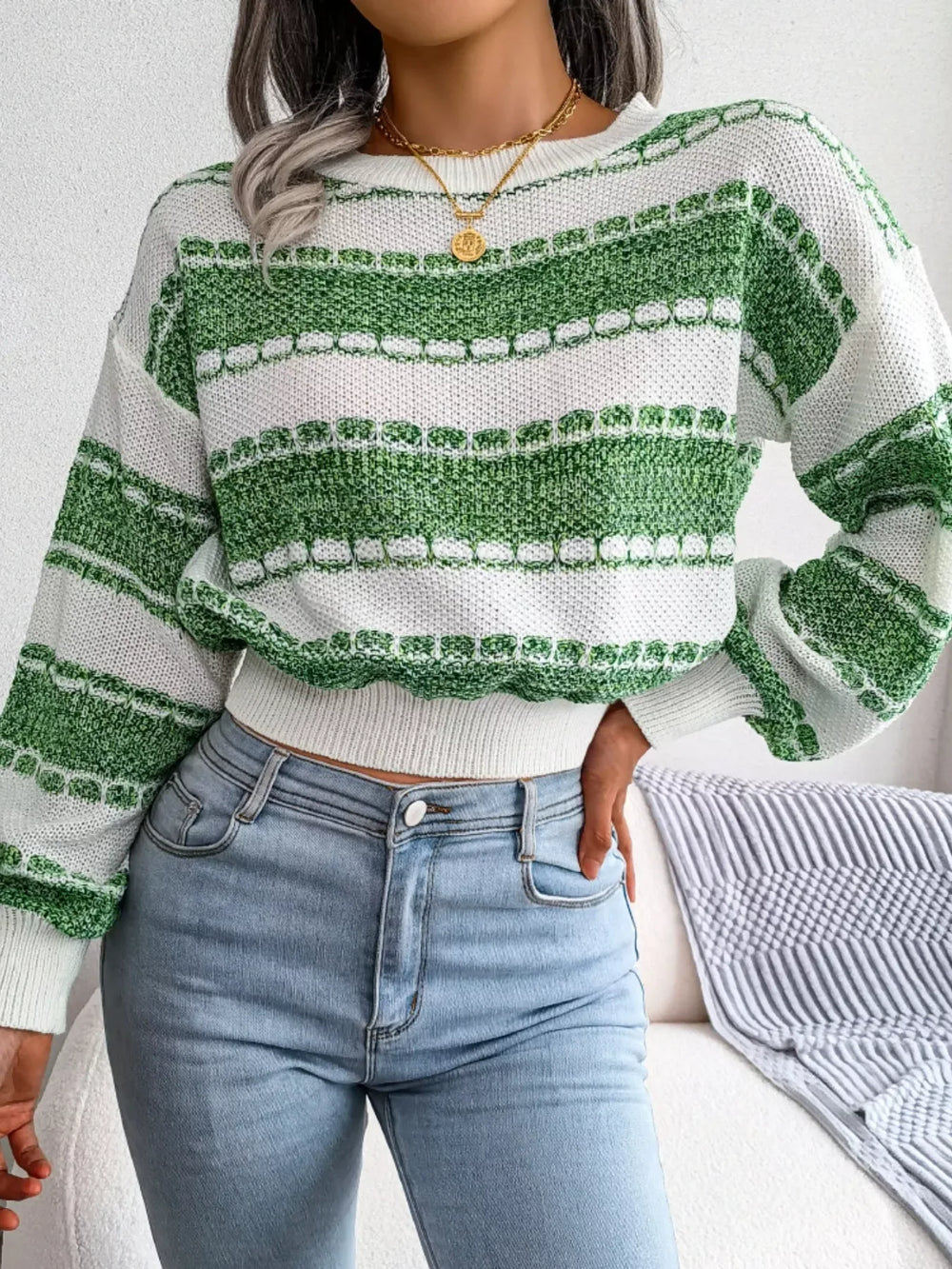 Striped Textured Knit Sweater - View 18 | TEVQA