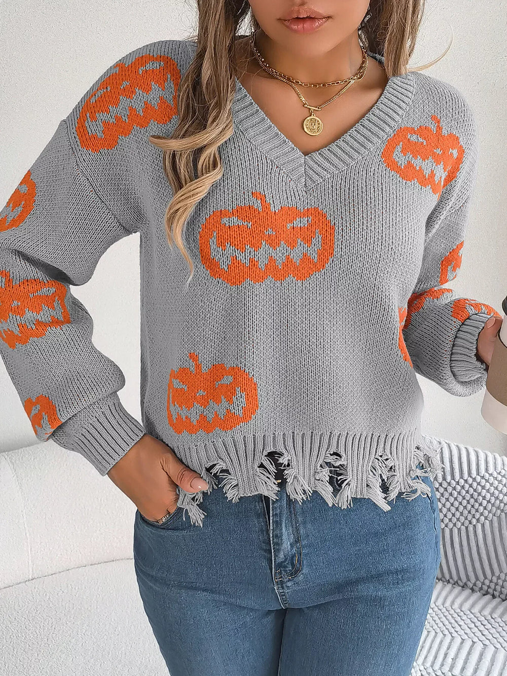 Distressed Pumpkin Knit Sweater - View 8 | TEVQA