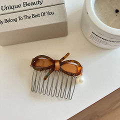 Small Acetate Bow & Pearl Comb Pin - 2.75 Inch