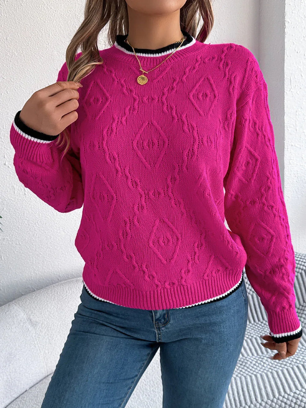 Khaki Textured Knit Sweater - TEVQA