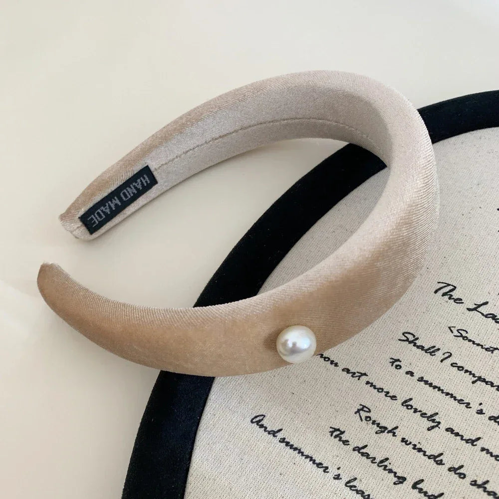 Padded velvet headband with a single pearl accent - View 7 | TEVQA