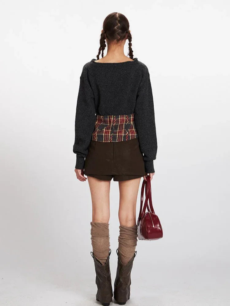 Vintage Plaid Spliced Knit Sweater - TEVQA