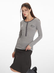 Vintage Grey Striped Henley Long Sleeve Top