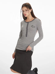 Vintage Grey Striped Henley Long Sleeve Top - TEVQA