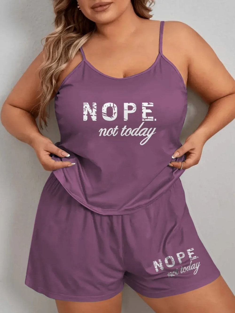 Plus Size "Nope Not Today" Graphic Cami & Shorts Pajama Set - TEVQA