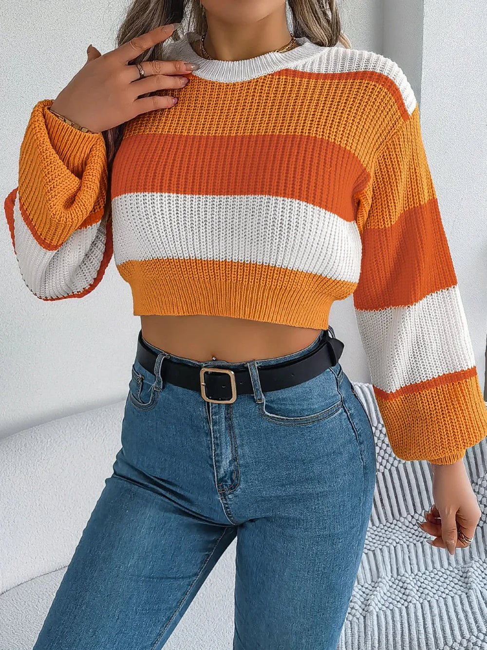 Sunset Boulevard Color Block Knit Crop Sweater - TEVQA