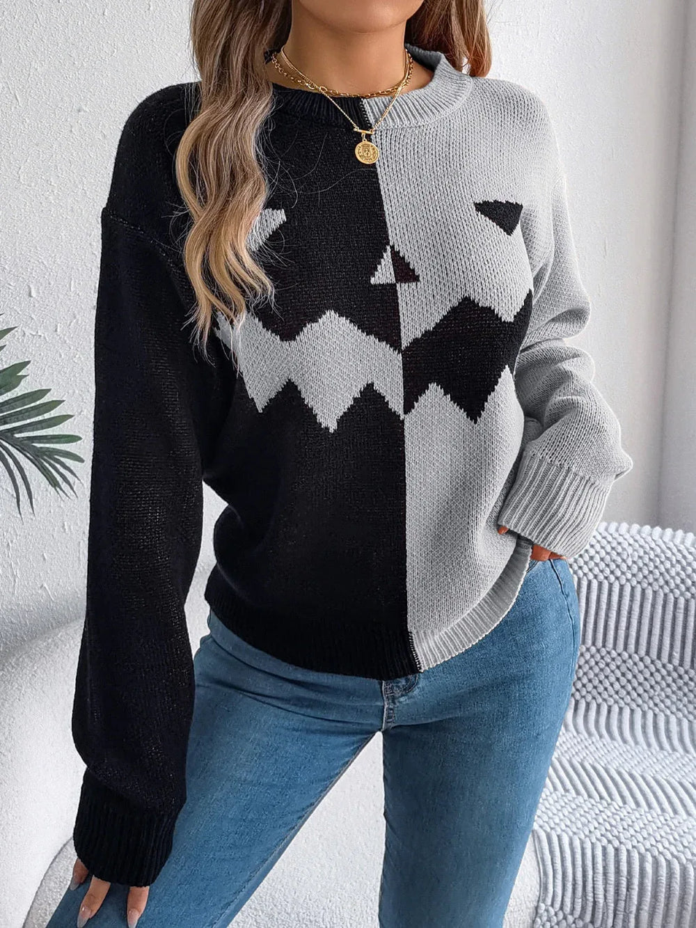 Spooky Chic Split Color Block Pumpkin Sweater - TEVQA