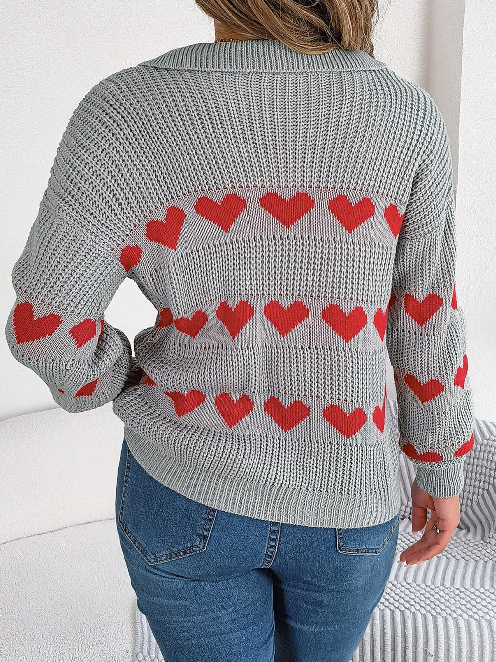Collared Heart Print Knit Sweater - View 10 | TEVQA