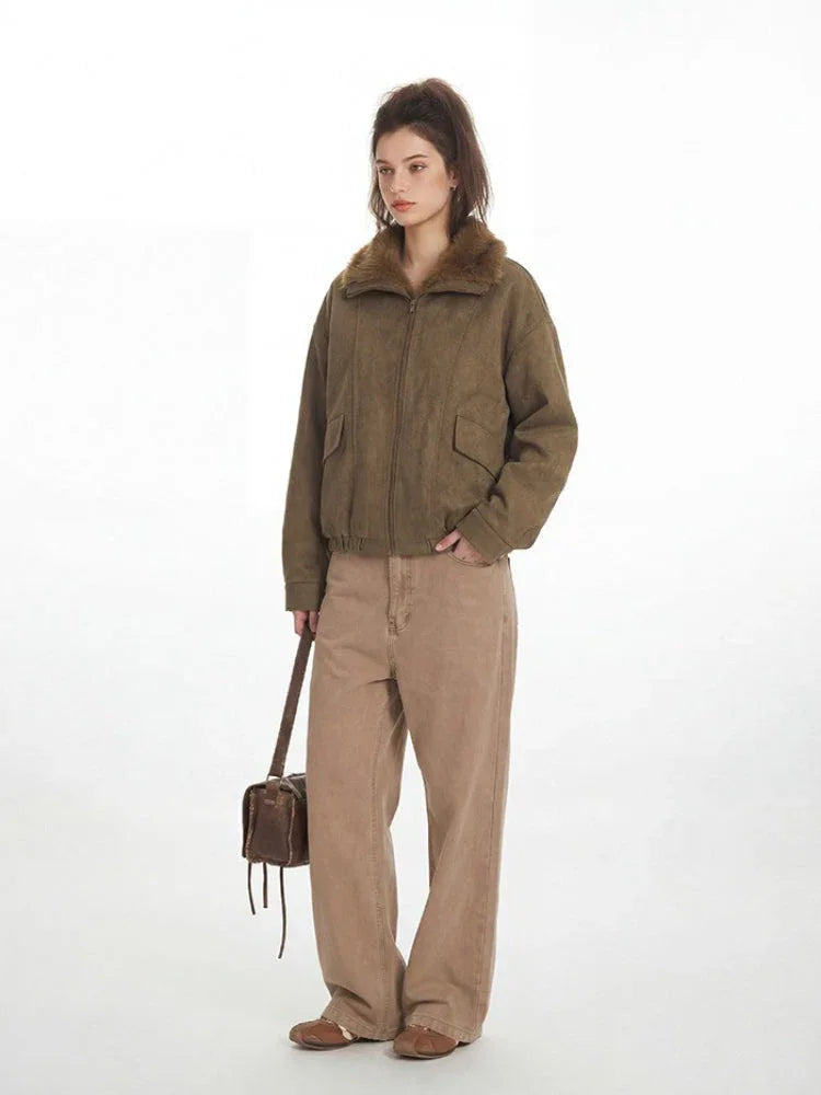 Vintage Faux Suede Aviator Bomber Jacket - TEVQA