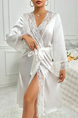 White Satin Robe with Wide Floral Lace Trim, Long Sleeve Midi Kimono - Bridal & Loungewear - TEVQA