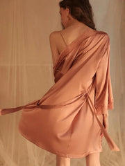 Pearl White Satin Lace Robe & Nightgown Set - View 10 | TEVQA