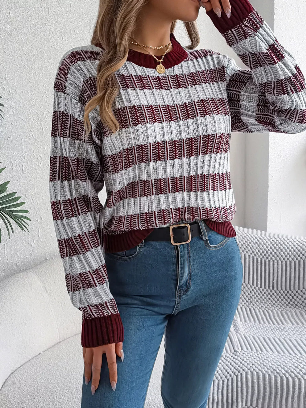 Vintage Lantern Sleeve Knit Sweater - Burgundy - TEVQA
