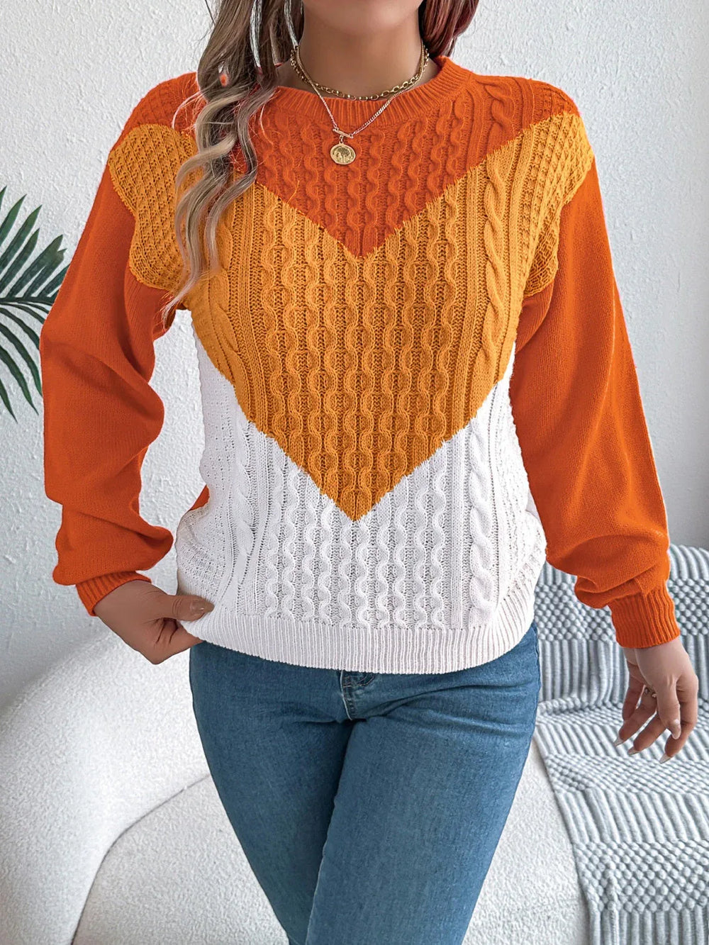 Colorblock cable knit sweater - View 12 | TEVQA