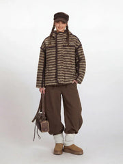 Vintage Brown Striped Sherpa Padded Jacket - TEVQA