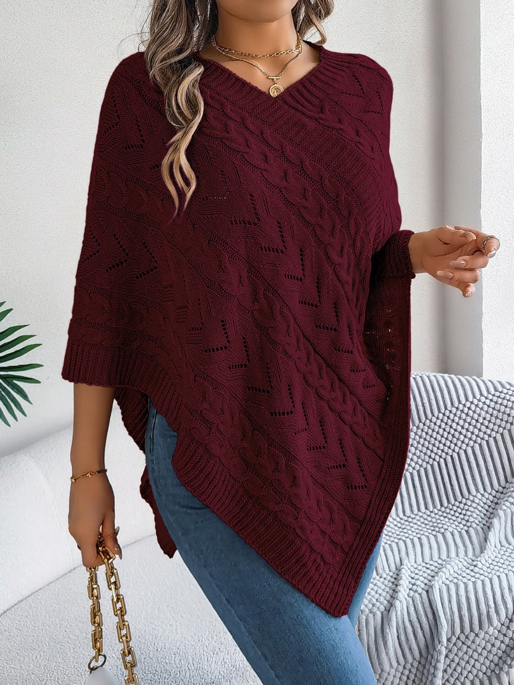 Cable-Knit Openwork Three-Quarter Sleeve Sweater Burgundy OutfitFlow