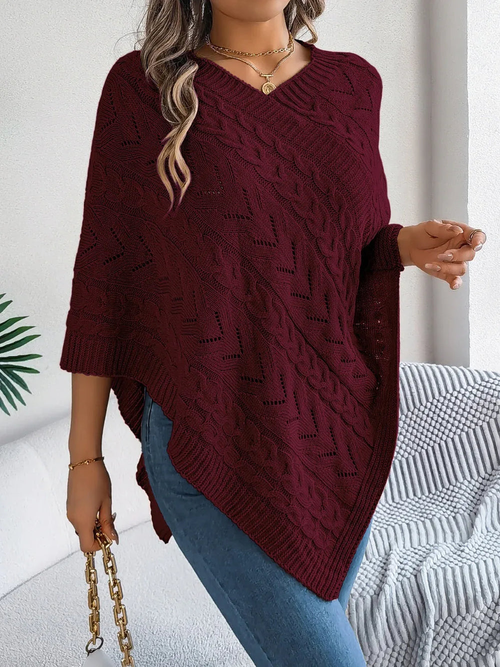 White Cable Knit V-Neck Poncho Sweater - TEVQA