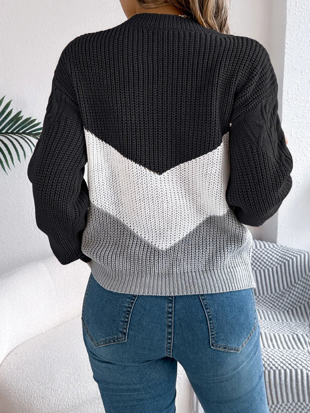 Color Block Cable Knit Sweater - View 8 | TEVQA