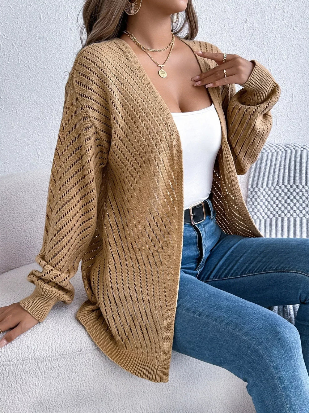 Ethereal White Pointelle Knit Cardigan - View 18 | TEVQA