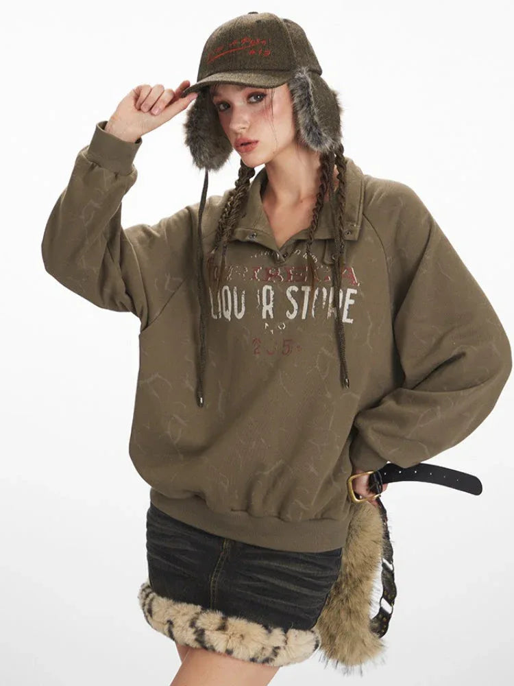 Vintage Olive 'Tribeca' Graphic Mock Neck Sweatshirt - TEVQA