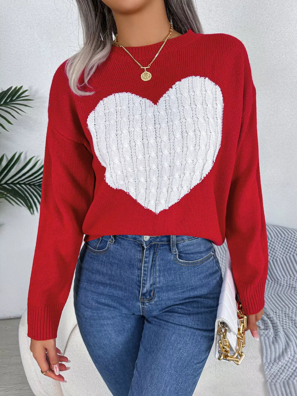 Grey and white cable knit heart sweater - View 14 | TEVQA