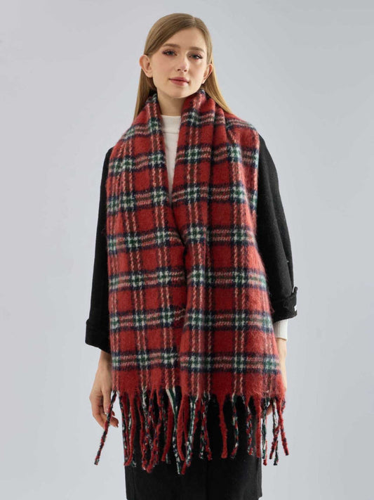 Women's Heavyweight Red Plaid Scarf Soft Faux Mohair Winter Wrap with Fringe