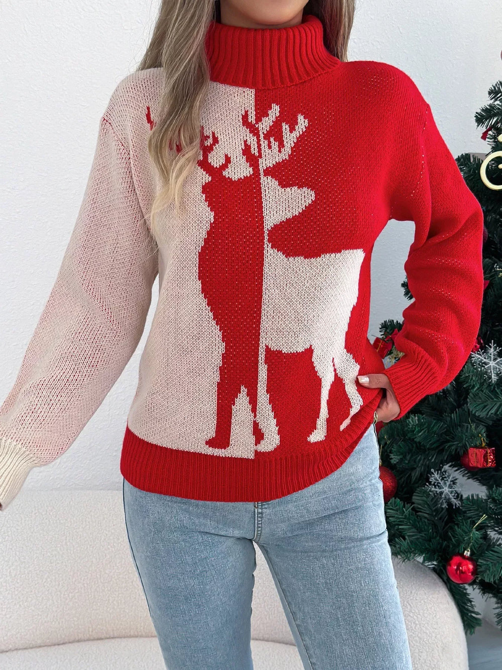 Color block reindeer turtleneck sweater - View 10 | TEVQA
