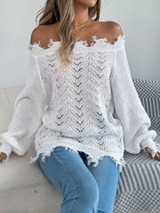 Distressed Off-Shoulder Knit Sweater - View 13 | TEVQA