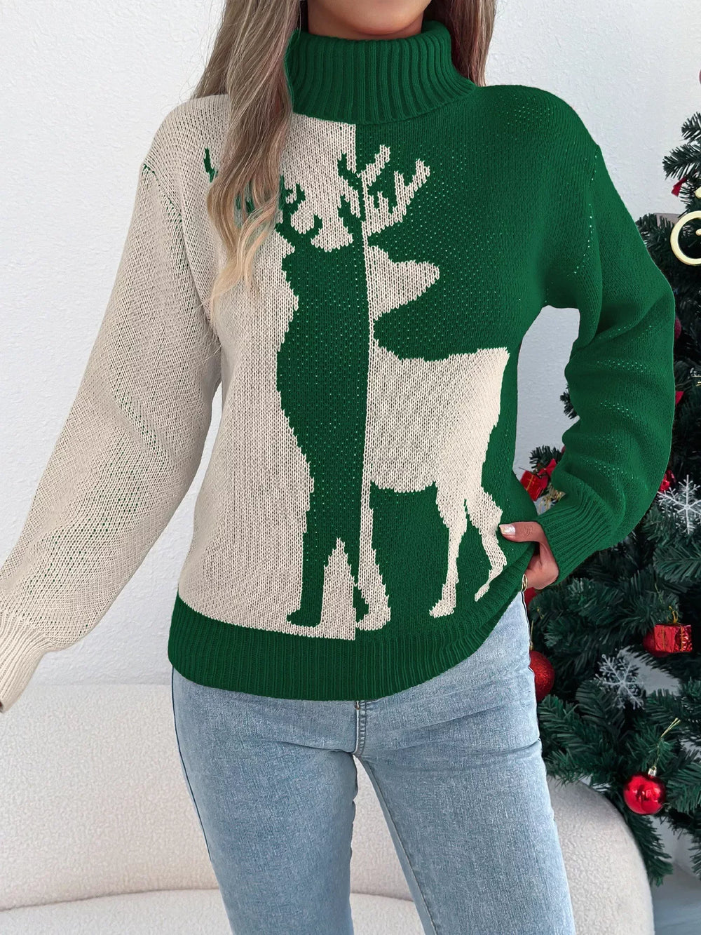 Color block reindeer turtleneck sweater - View 6 | TEVQA