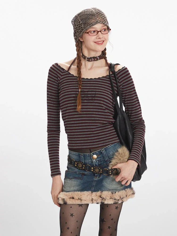 Vintage Burgundy Striped Off-Shoulder Top - TEVQA