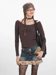 Vintage Burgundy Striped Off-Shoulder Top - TEVQA
