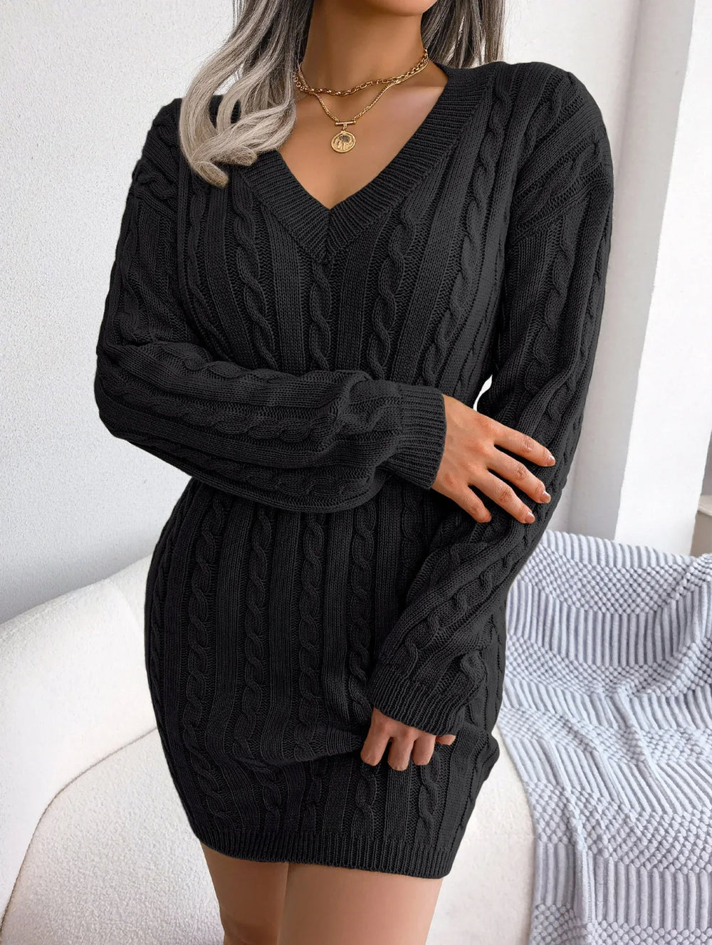 Sky Blue Cable Knit Sweater Dress - View 60 | TEVQA
