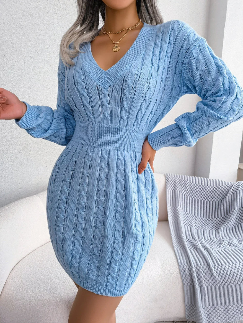 Sky Blue Cable Knit Sweater Dress - View 7 | TEVQA