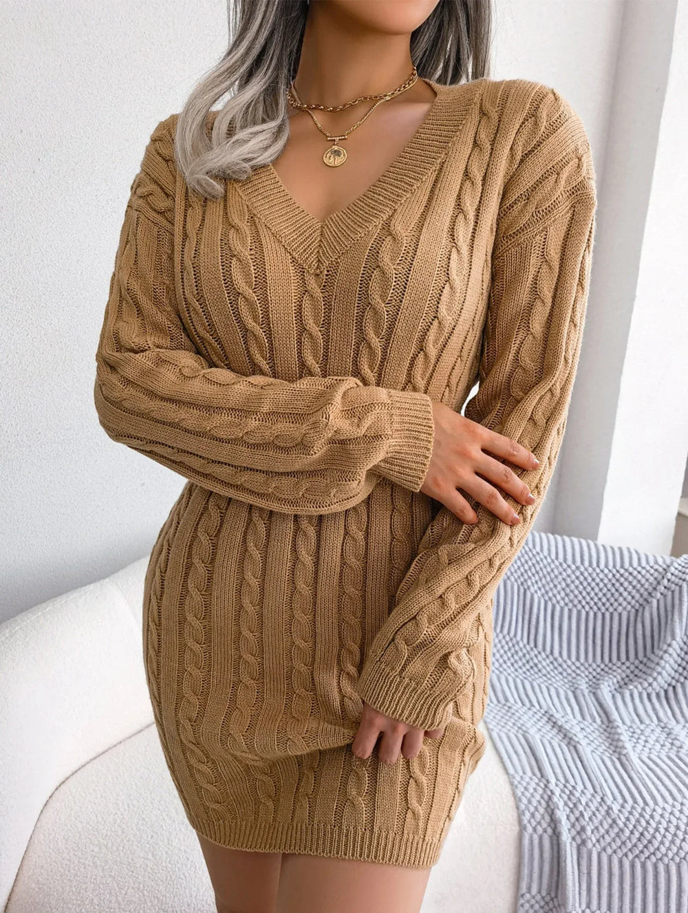 Sky Blue Cable Knit Sweater Dress - View 35 | TEVQA