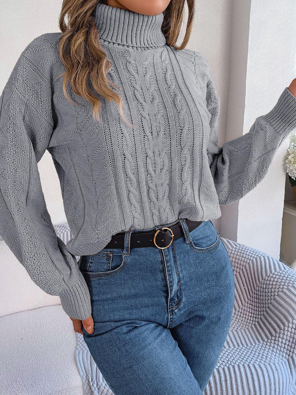 Blush Romance Cable Knit Turtleneck Sweater - TEVQA